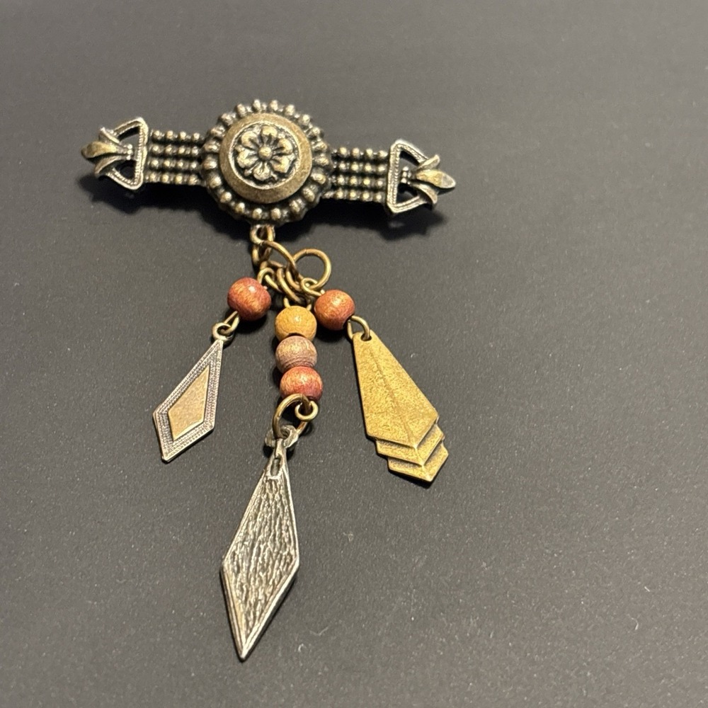 Vintage Brass Bohemian Dangle Pin Brooch Art Deco Chevron Diamond Charm Jewelry